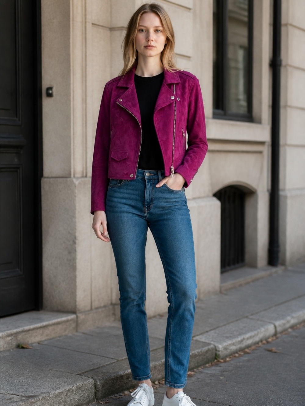 IRO size 42 Women’s Suede Moto Jacket in Fuchsia - Stylish Zip Front